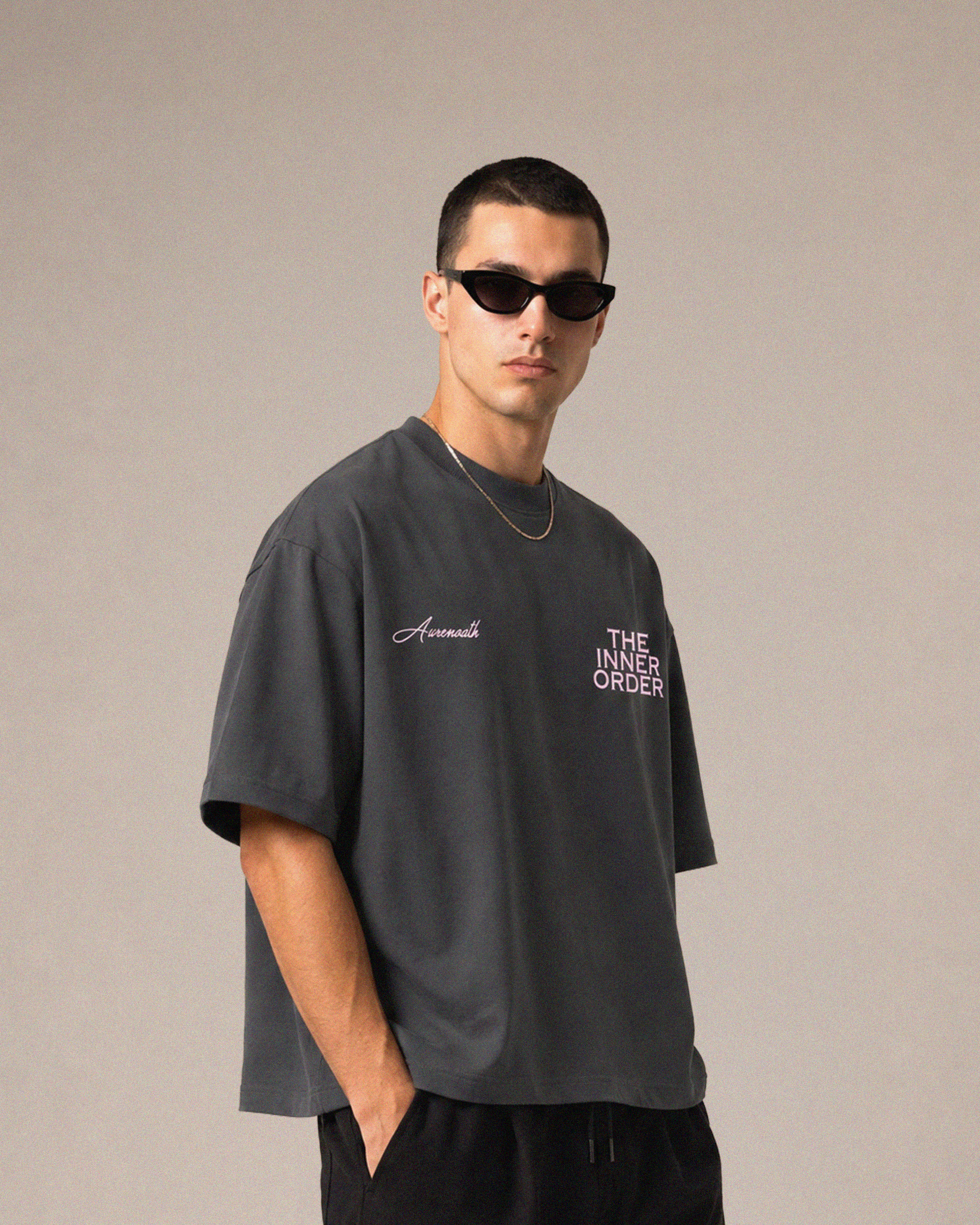AURENOATH Auren Tee charcoal back view with The Inner Order Philosophy Division graphic in pink
