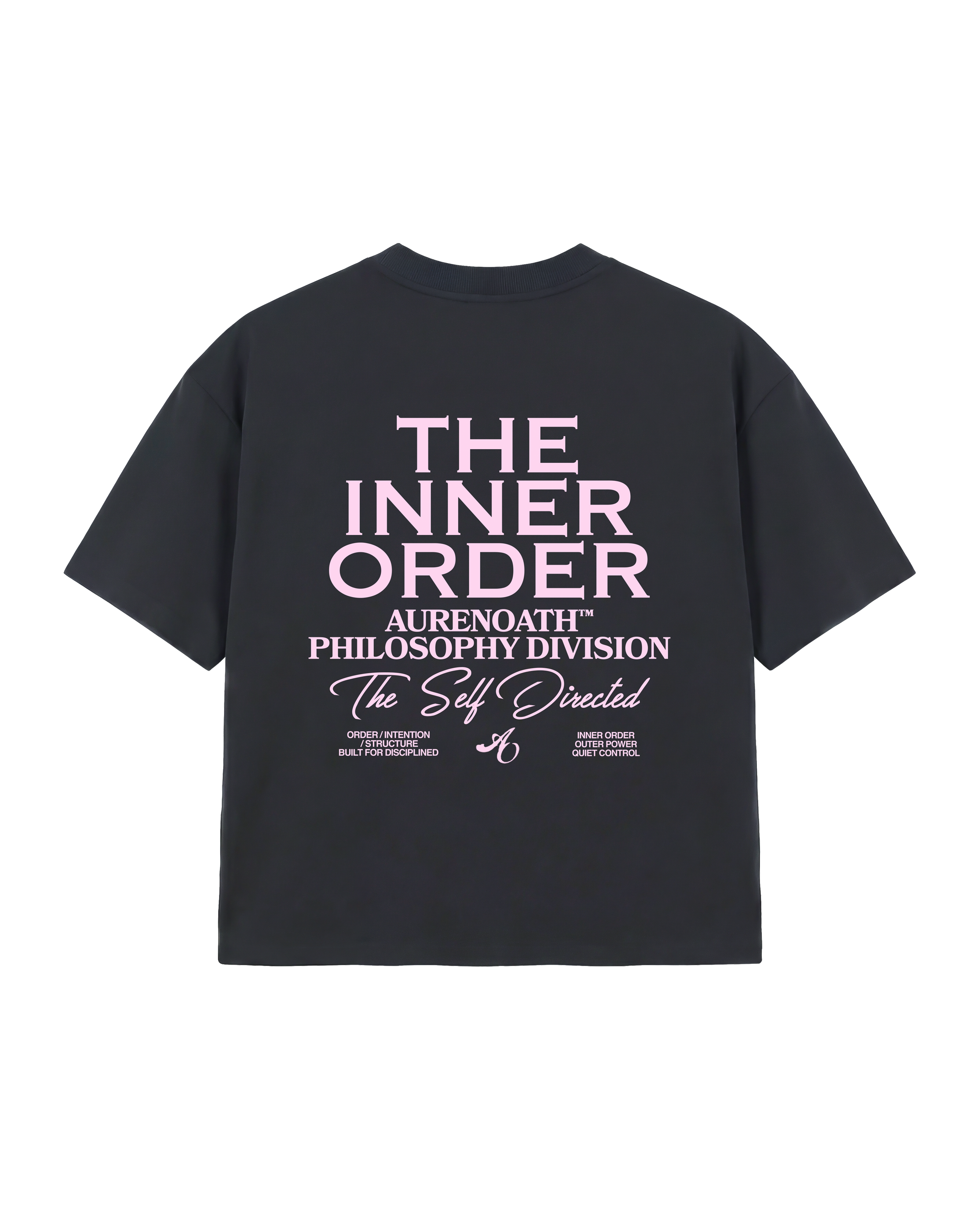AURENOATH Auren Tee charcoal back view with The Inner Order Philosophy Division graphic in pink
